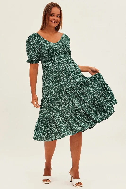 Green Ditsy Midi Dress Shirred Bodice V-neck Trendy Ruffled Sleeve Midi Dress