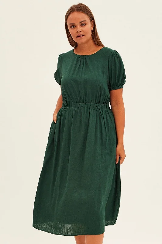 Green Midi Dress Cutout Back Puff Sleeve Linen Blend Comfortable Ruched Midi Dress