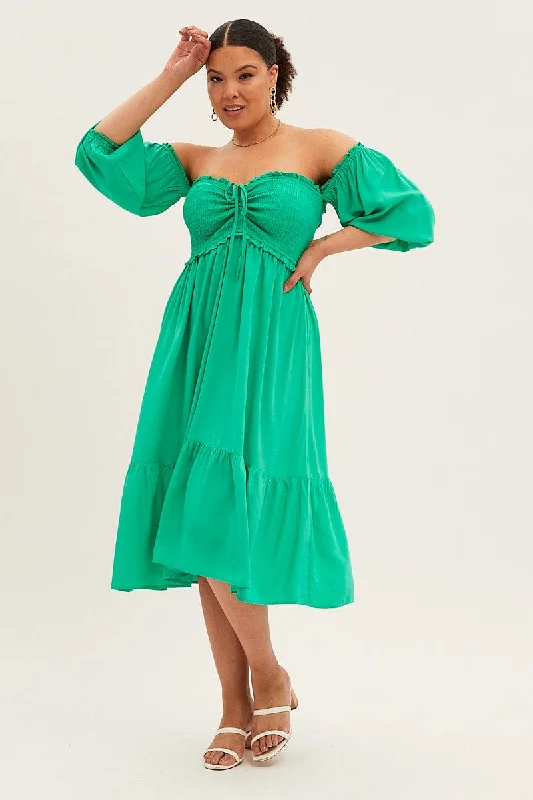 Green Midi Dress Off Shoulder Shirred Fashionable Plaid Midi Dress