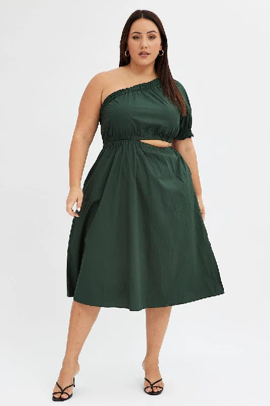 Green Midi Dress One Sleeve With Pockets Cotton Elegant Satin Button Midi Dress