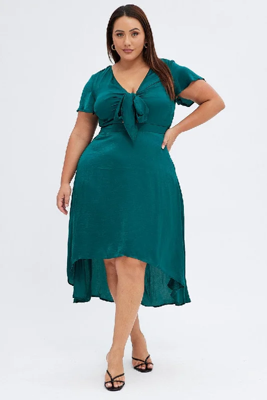 Green Midi Dress Short Sleeve Tie Back Satin Elegant Satin Slip Midi Dress