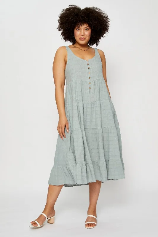 Green Midi Dress Square Neck Sleeveless Button Fashionable Sheer Sleeve Midi Dress