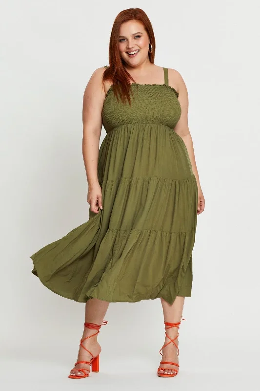 Green Midi Dress Square Neck Sleeveless Elegant Faux Wrap Midi Dress