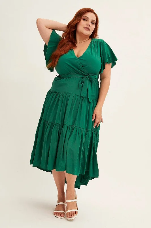 Green Midi Dress V-neck Tie Trendy Tiered Hem Midi Dress