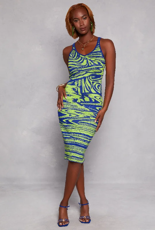 Abstract Print Tank Midi Dress Comfortable Sleeveless Midi Dress