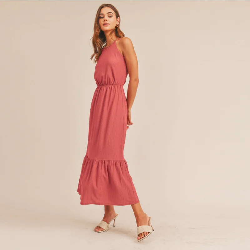 Halter Midi Dress (Berry) Chic Bohemian Midi Dress