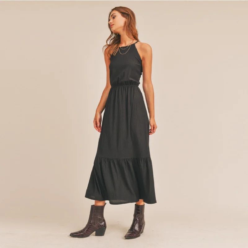 Halter Midi Dress (Black) Comfortable Ruched Midi Dress