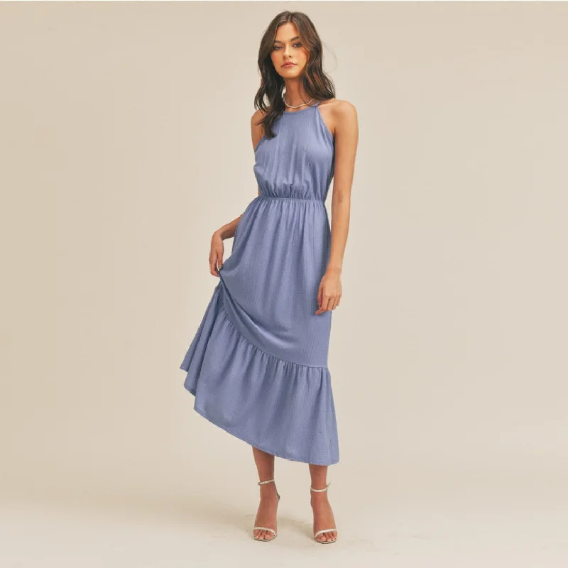 Halter Midi Dress (Blue) Fashionable High-Neck Midi Dress
