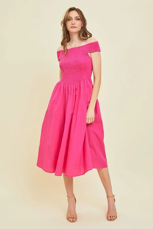 Off-Shoulder Smocked Midi Dress Comfortable Geometric Print Midi Dress