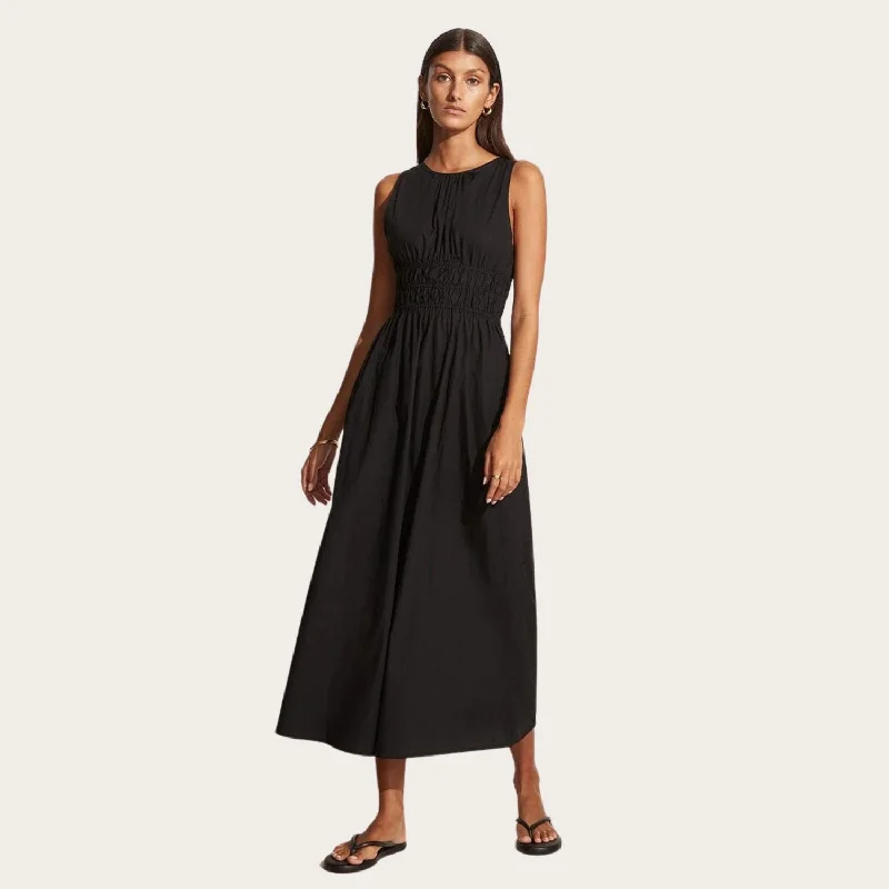 Jean Midi Dress (Black) Elegant Faux Wrap Midi Dress