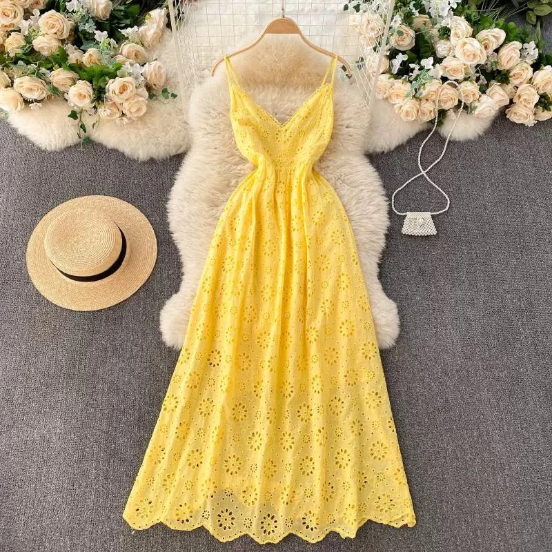 Joey Cotton Eyelet Midi Dress In Yellow Stylish Button-Down Midi Dress