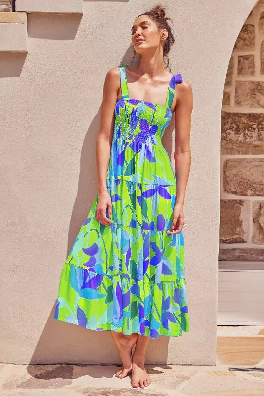 Julia Summer Midi Dress in Green Stylish Long Sleeve Floral Midi Dress