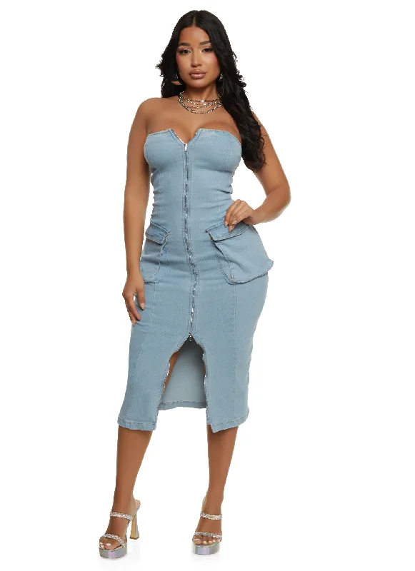 Daisy Denim Zip Front Cargo Pocket Midi Dress Chic Floral Print Midi Dress