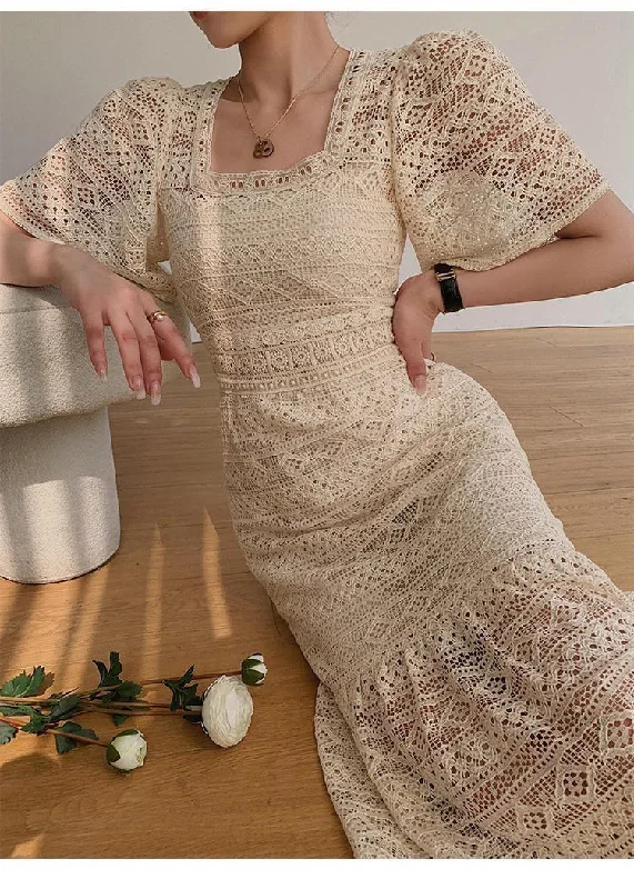 Liliana Crochet Midi Dress Trendy Square Neck Midi Dress