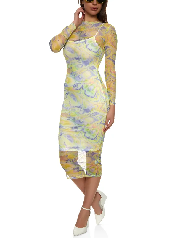 Marble Print Mesh Long Sleeve Midi Dress Fashionable Chiffon Midi Dress