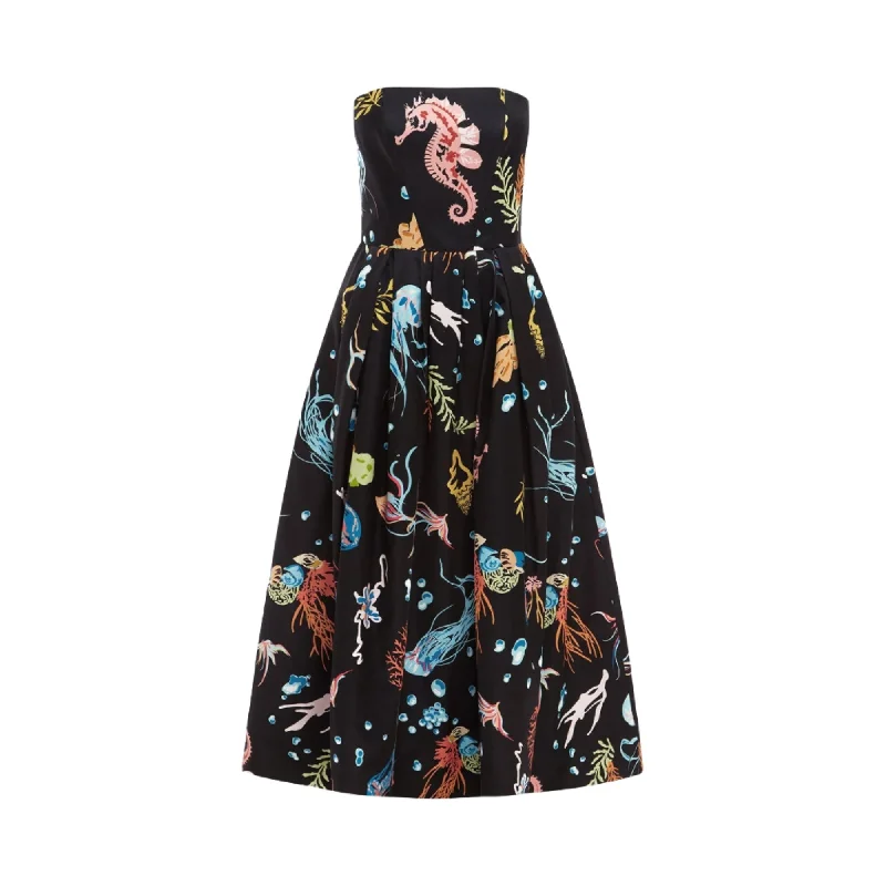 Leo Lin Women's Leanne Bustier Midi Dress Twilight Print in Black Elegant Satin Midi Dress