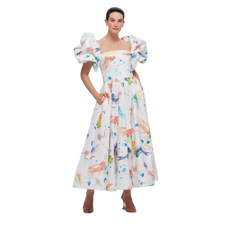 Leo Lin Women's Matilda Puff Sleeve Midi Dress Twilight Print in White Cozy Spaghetti Strap Midi Dress