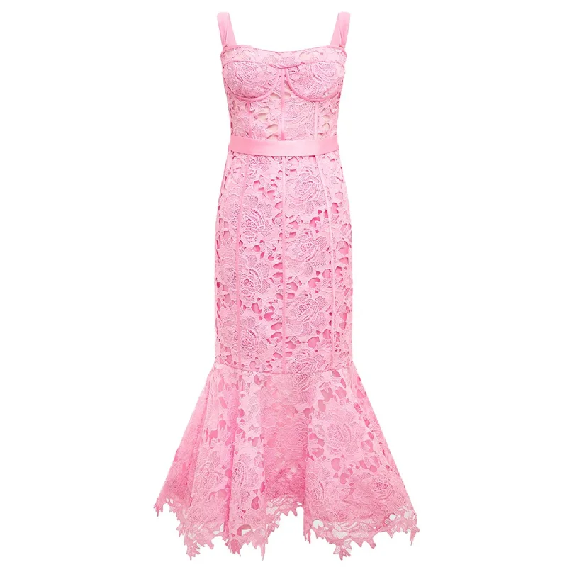 Leo Lin Women's Clover Lace Bustier Ruffle Midi Dress Candy Pink Comfortable Fit-and-Flare Midi Dress