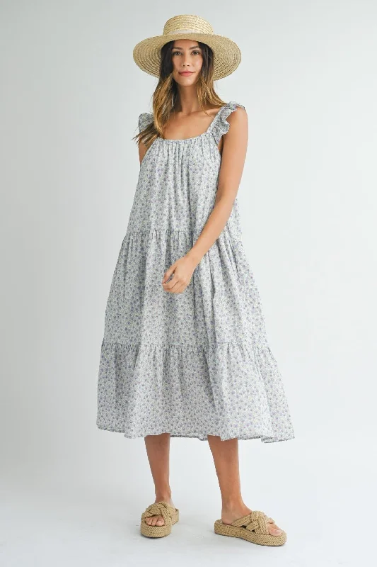 Floral Ruffle Shoulder Tiered Midi Dress Fashionable High-Low Midi Dress