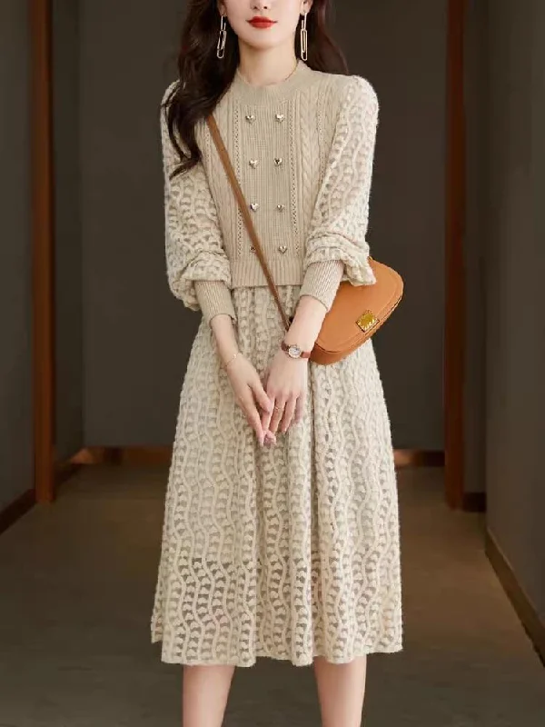 Mariana Vintage Hollow out Midi Dress Fashionable High-Neck Midi Dress