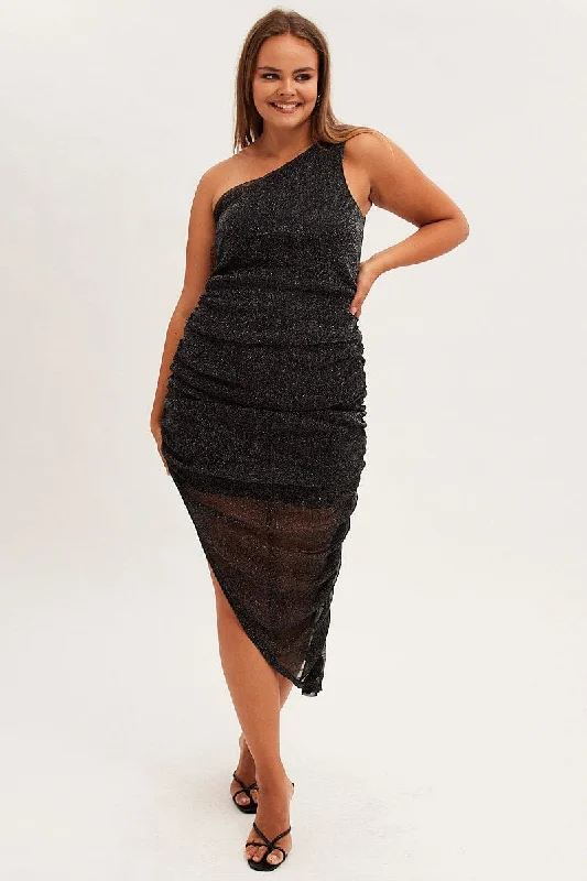 Metallic Midi Dress One Shoulder Asymmetrical Mesh Comfortable Stretch Midi Dress