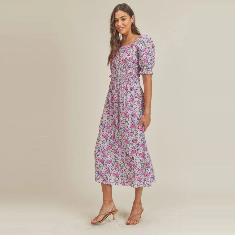 Midi Dress (Multi Floral) Trendy Flared Sleeve Midi Dress