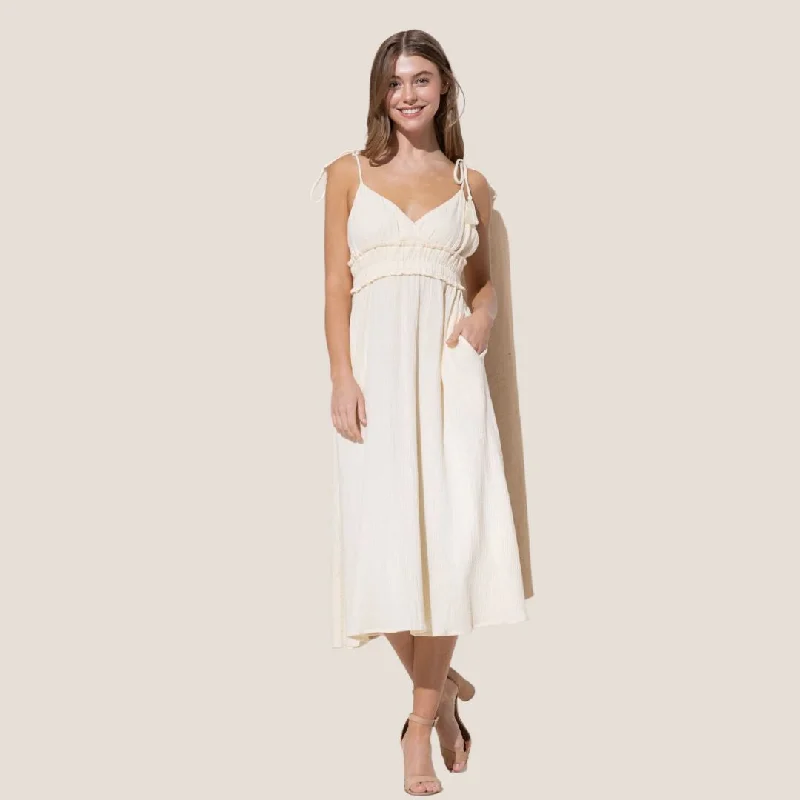 Midi Dress with V Neck and Spaghetti Straps (Cream) Trendy Floral Wrap Midi Dress