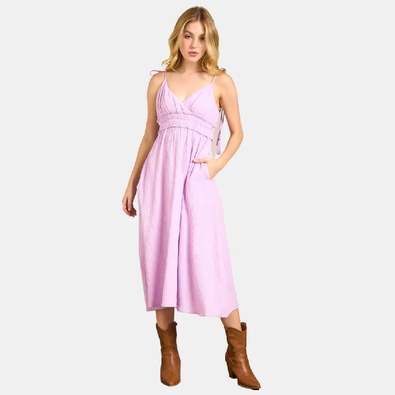 Midi Dress with V Neck (Lavender) Elegant Pleated Sleeve Midi Dress