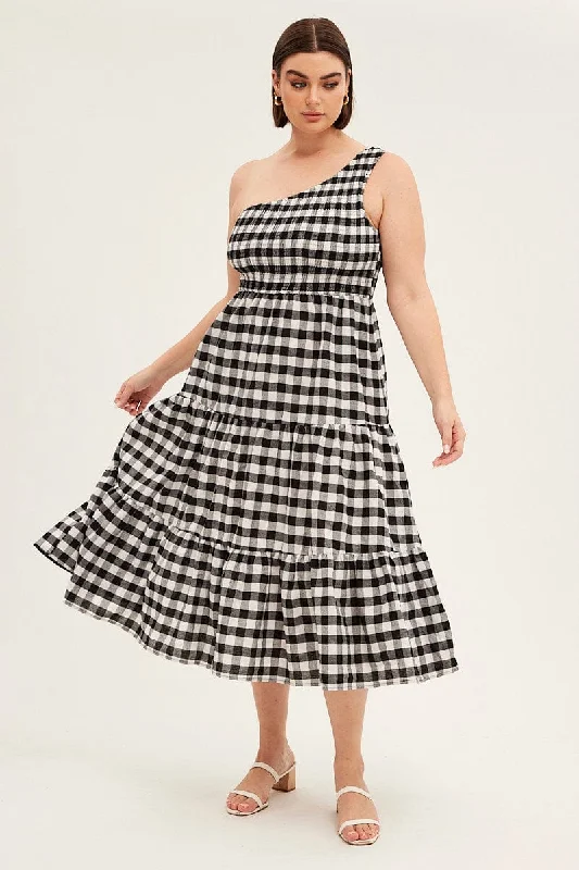 Multi Check Midi Dress One Shoulder Shirred Gingham Check Trendy Knit Midi Dress