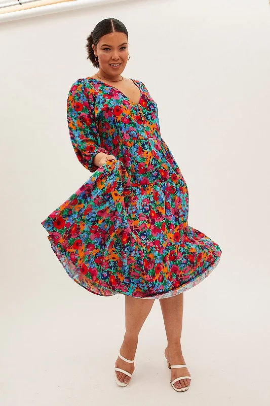 Multi Floral Midi Dress Button Detail Swing Half Sleeve Stylish Satin Midi Dress