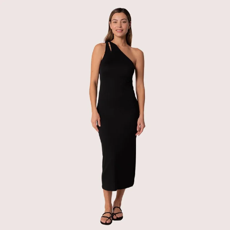 Myra One Shoulder Midi Dress (Black) Comfortable Ruched Midi Dress
