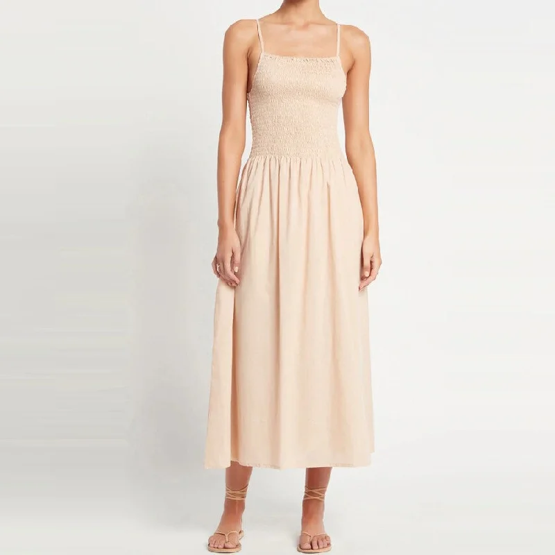 Nolie Midi Dress (Plain Sand) Elegant Satin Slip Midi Dress