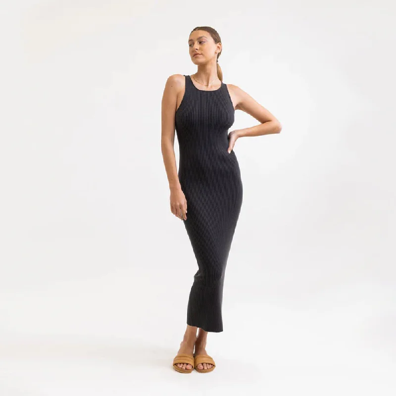 Olina Knit Midi Dress (Charcoal) Trendy Ruffle Hem Midi Dress