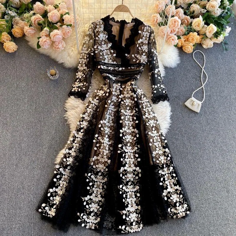 Orleans Embroidered Lace Mesh Midi Dress Stylish Striped Midi Dress