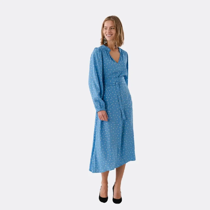 ParisLL Midi Dress LS (Dot Print) Elegant Satin Slip Midi Dress