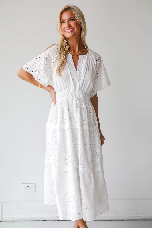FINAL SALE - Perfect Sunshine White Eyelet Midi Dress Elegant Sleeveless Midi Dress
