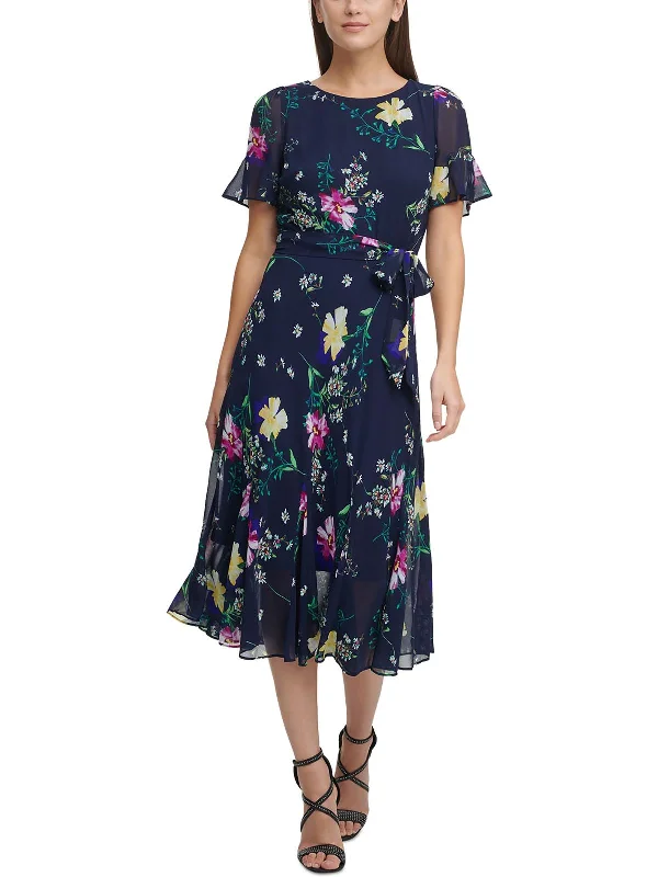 Petites Womens Floral Print Calf Midi Dress Trendy Long Sleeve Midi Dress