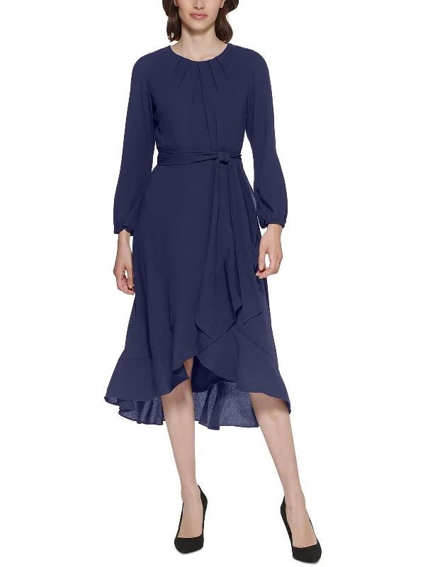 Petites Womens Ruffled Hi-Low Midi Dress Chic Floral Print Midi Dress