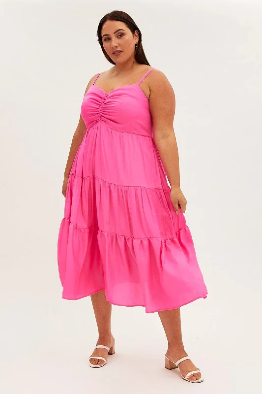 Pink Midi Dress Gather Bust Detail Strappy Matte Satin Cozy Tie-Dye Midi Dress