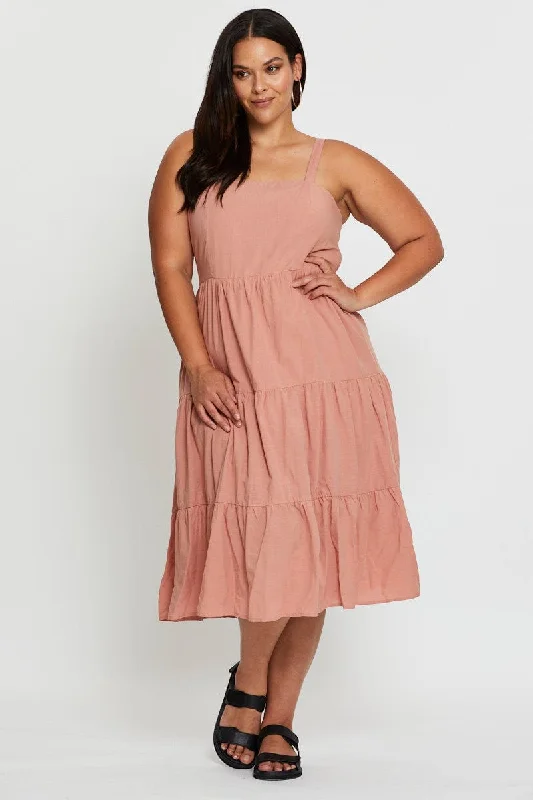 Pink Midi Dress Square Neck Sleeveless Fashionable A-Line Midi Dress