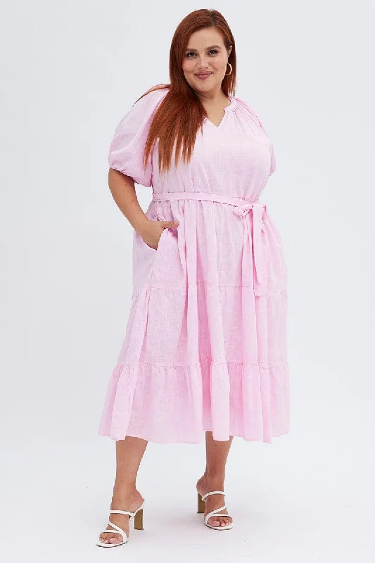 Pink Midi Dress Tiered Notch Collar Belted Fashionable High-Low Midi Dress