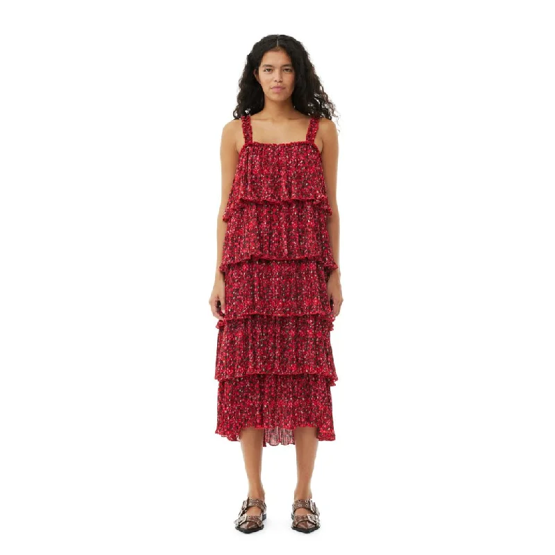 Pleated Georgette Flounce Strap Midi Dress (Racing Red) Comfortable Knitwear Midi Dress