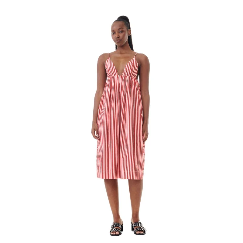 Stripe Cotton Strap Midi Dress (Barbados Cherry) Trendy Midi Dress with Belt
