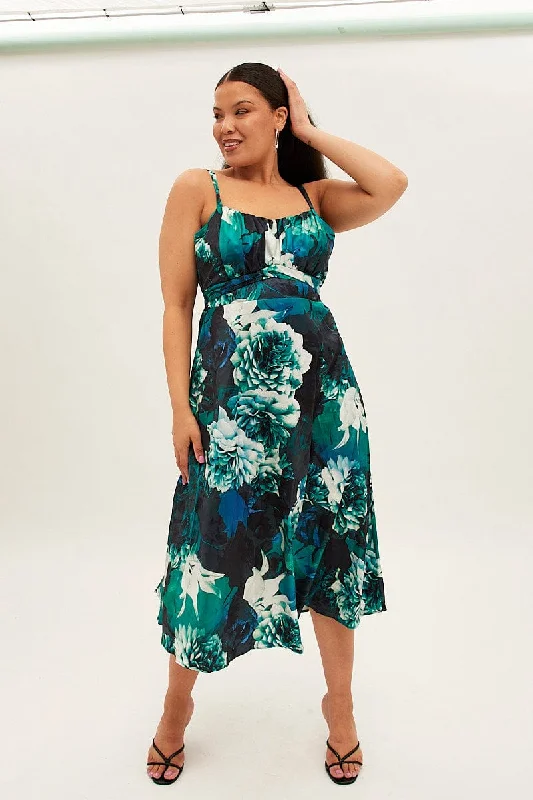 Print Midi Dress Shoestring Strap Tie Back Satin Comfortable Geometric Print Midi Dress