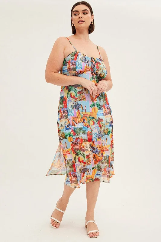 Print Midi Dress Tie Front Postcard Mesh Elegant Floral Appliqué Midi Dress