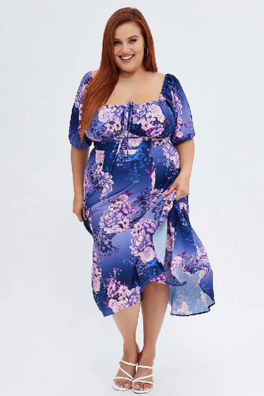 Purple Floral Midi Dress Short Sleeve Ruffle Trendy Smocked Waist Midi Dress