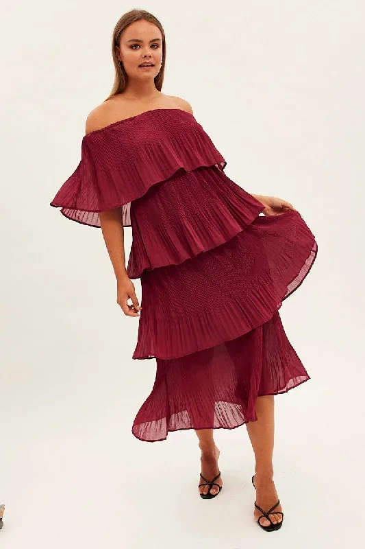 Red Off Shoulder Pleated Midi Dress Chic Bohemian Midi Dress