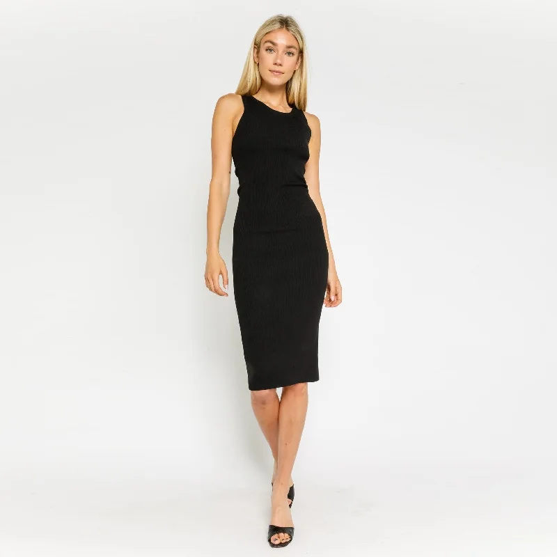 Ribbed Cutout Midi Dress (Black) Comfortable Sleeveless Midi Dress