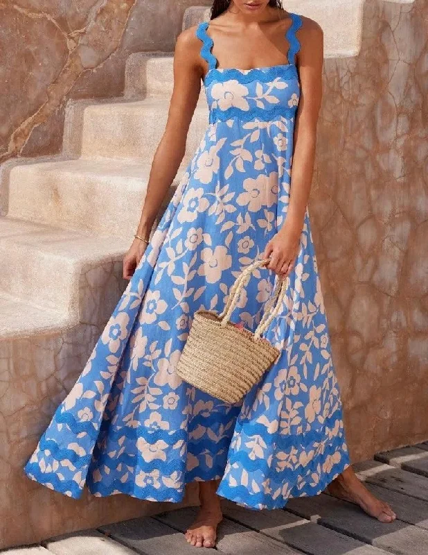 Rooz Summer Midi Dress in Blue Stylish Tiered Midi Dress