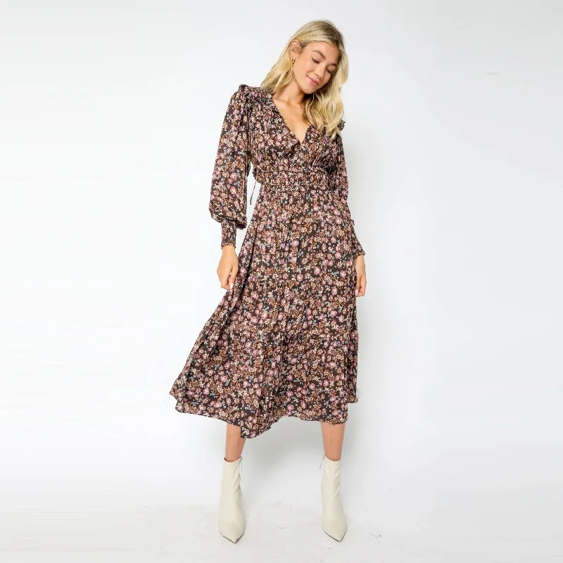 Ruffled Floral Midi Dress (Brown) Fashionable Pleated Midi Dress